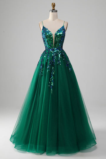 Tulle Spaghetti Straps Dark Green Ball Dress with Sequins
